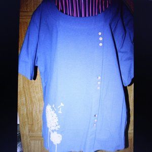 Women's Blue Short Sleeve Top With Dandelions On Front
